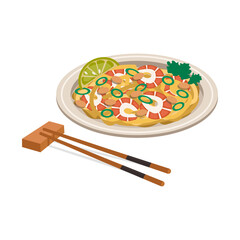 Thai national food. Pad Thai. Noodles with vegetables and seafood. Vector graphic.	