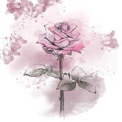 Watercolor rose drawing in pink colours on the white background. Digital art. Hand drawing penciled card with paint splatter.