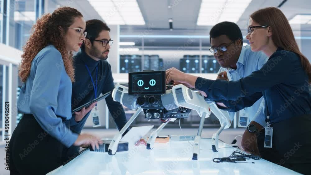 Poster Portrait of a Young Team of Multicultural Engineers Use Computers, Insert a Circuit Board, Analyze and Discuss How a Futuristic Robot Dog Works. High Tech Research Laboratory with Modern Equipment.