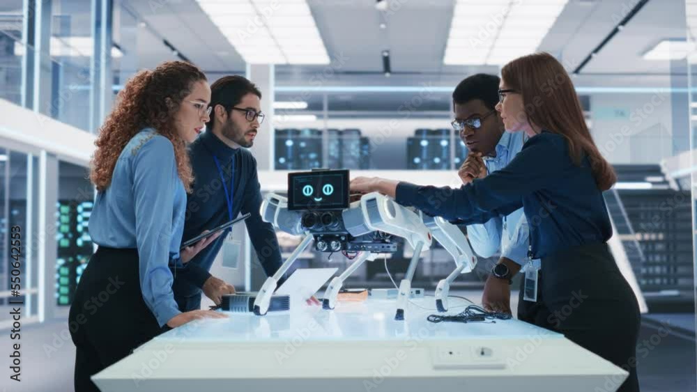 Aufkleber Portrait of Diverse International Team of Industrial Robotics Engineers Gathered Around a Table With a Robot Dog. Scientists Use Computers and Connect a Motherboard to a Mobile AI Four-Legged Robot.