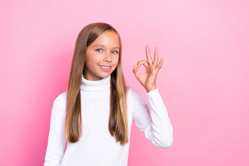 Photo of satisfied girl wear stylish sweater hand demonstrate positive feedback okey symbol empty space isolated on pink color background