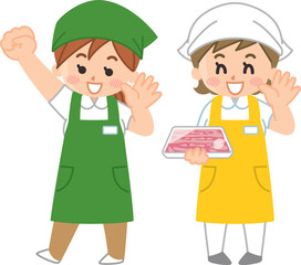 手を振るスーパーマーケットの店員　販売員