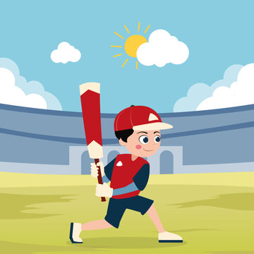 Happy cute kid boy play train baseball in the stadium illustration
