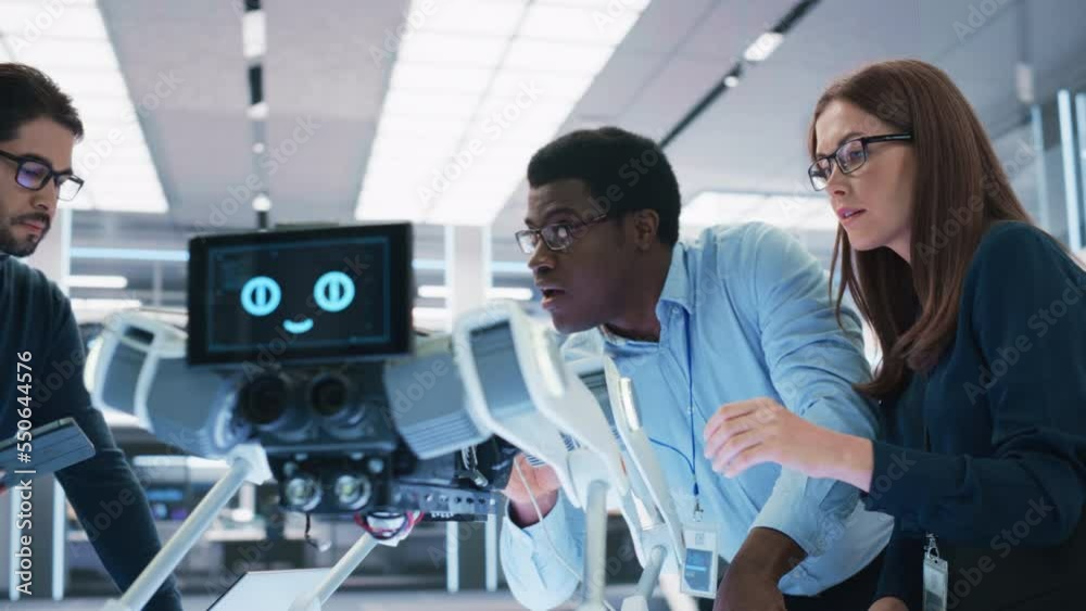 Poster Close Up Portrait of a Young Diverse Group of Engineers Use Computers, Connect Microchips, Analyze and Discuss How a Futuristic Robot Dog Works. High Tech Research Laboratory with Modern Equipment.
