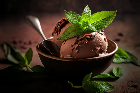 chocolate ice cream in a bowl with mint leaf