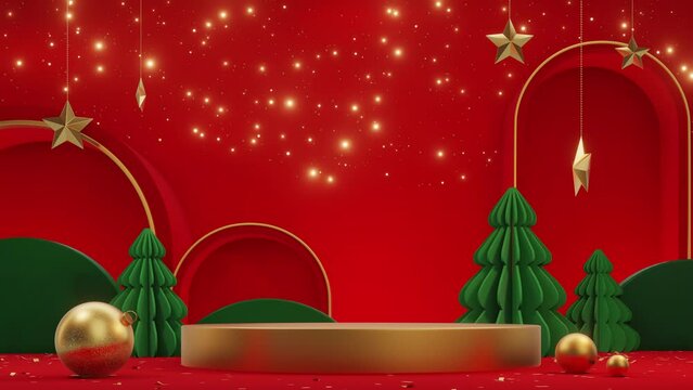 3d cylinder pedestal podium with geometric pipe tree. gold sphere ball on ground.Minimal merry christmas scene for Promotion display. 4k resolution