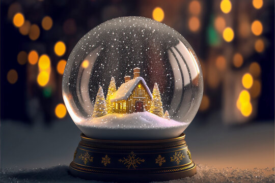 Beautiful snow globe with snowy landscape and trees on a Christmas themed background copy space	