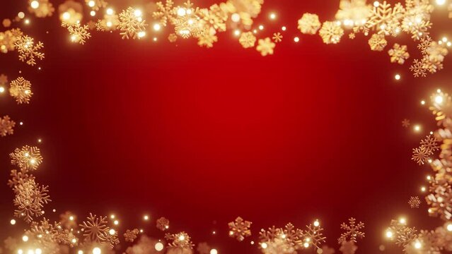 Christmas gold snowflakes frame with lights and particles on red background. Particles glowing flicker.4k Resolution.New Years, Holidays concept.