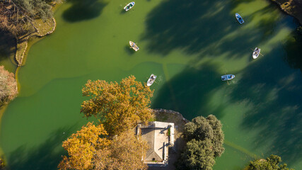 Aerial view of the small lake in Villa Borghese park. This pond is located in Rome, Italy. There...