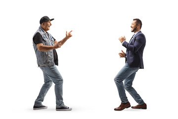 Full length profile shot of cheerful men dancing