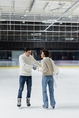 Positive multiethnic couple holding hands while skating on ice rink during date