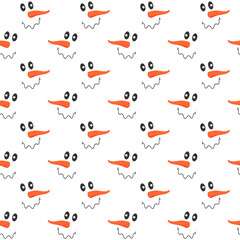 Smiling snowman faces with squiggly mouthes and carrot noses seamless pattern. Winter, Christmas or New Year scrapbooking or wrapping paper, fabric, napkin or tablecloth print. Vector illustration