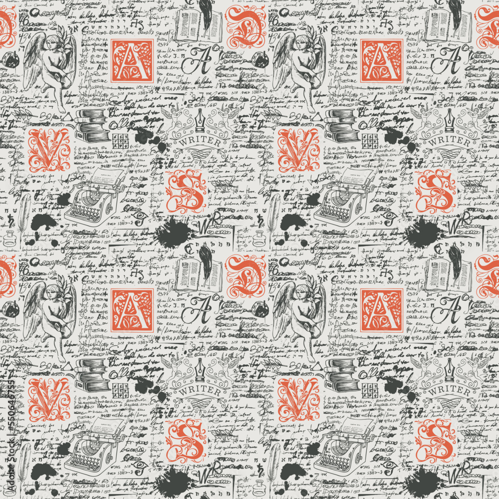 Poster vector seamless pattern on writers theme. abstract background with unreadable handwritten notes and 