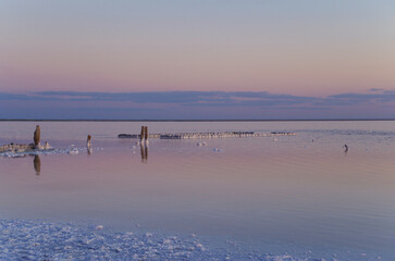 Naklejka premium Violet sunset. Salt lake Elton. Remnants of old wooden baths. Is 18 m below sea level. Is largest mineral lake in Europe and one of most mineralized in world. Russia, Volgograd Oblast
