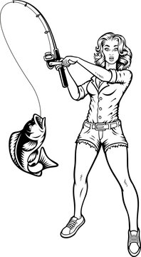 Vector illustration with a pin up girl with a fishing rod