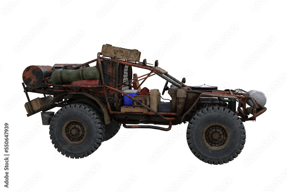 Poster rusty old off road car made from scrap parts in a post apocalyptic fantasy world. 3d rendering isola
