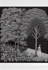 Lush black and white illustration of a forest with people and plants living in harmony. Highly detailed.