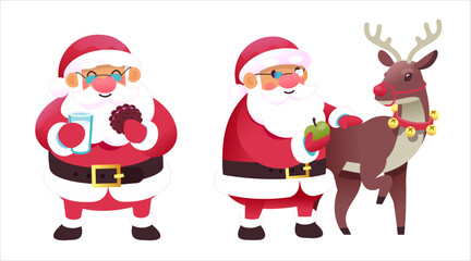 Santas in different situations. Vector illustrations. Christmas images. Santa having a snack milk and cookie. Santa feeding his deer with apple