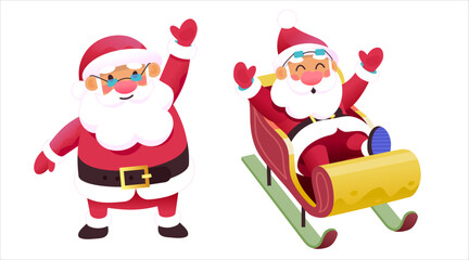 Obraz na płótnie Canvas Santas in different situations. Vector illustrations. Christmas images. Santa waving and greeting merry Christmas wishes. Santa riding on sledge laughing