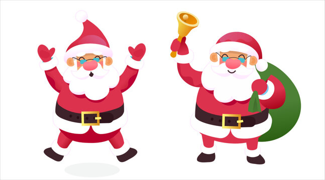Santas in different situations. Vector illustrations. Christmas images. Santa gathering charity donations ringing a bell. Santa jumping and laughing in joy