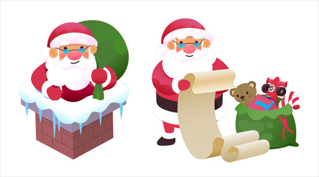 Santas in different situations. Vector illustrations. Christmas images. Santa waving and greeting merry Christmas wishes. Santa riding on sledge laughing