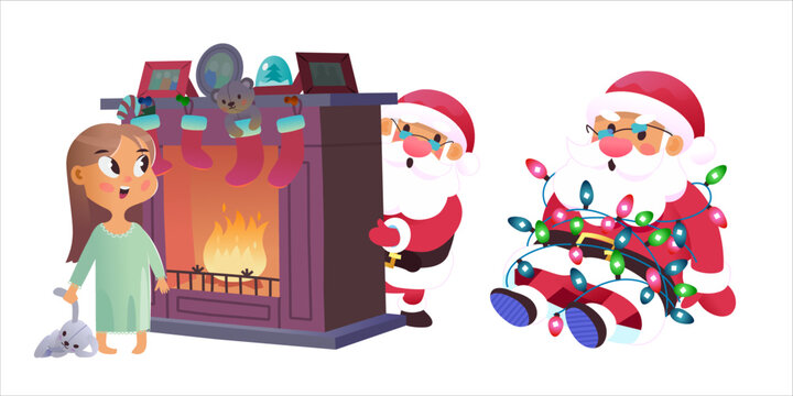 Santas in difficult situations. Vector illustrations. Christmas images. Santa tied up with Christmas lights. Santa hiding from a little girl behind the fireplace