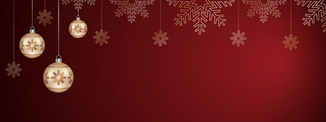 Fototapeta na wymiar Merry Christmas Web Banner | Christmas Theme Header with Ornament Balls and Snowflakes