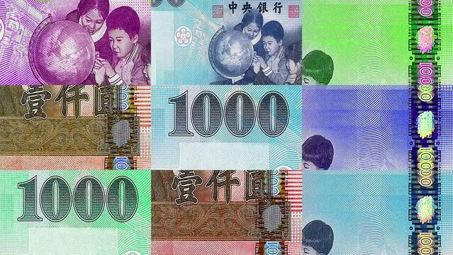 Taiwanese Dollar 1000 TWD banknotes abstract color loop pattern. Taiwan bank note concept of currency, finance and economy. Looped and seamless design background.