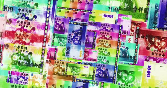 Taiwanese Dollar 1000 TWD banknotes abstract color loop pattern. Taiwan bank note concept of currency, finance and economy. Looped and seamless design background.