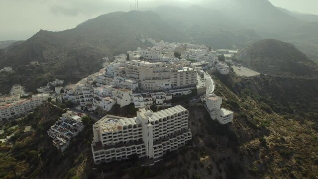 Aerial shot, drone point of view charming ancient village of Mojacar, located in southeast of the Province of Almer&iacute;a (Andalucia) in southern Spain. Travel destinations, holidays, spanish landmarks