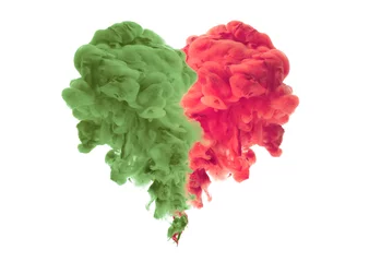Fotobehang Abstract Smoke redn and green colors bang splash on white backgrownd. Ink blot. Broken heart concept. © Liliia