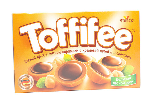 Moscow, Russia, November 30,2022:Toffifee Hazelnut candies in soft caramel with cream nougat and chocolate.