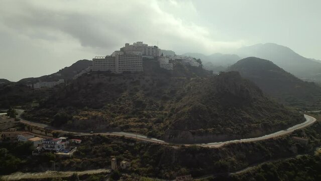 Aerial shot, drone point of view charming ancient village of Mojacar, located in southeast of the Province of Almer&iacute;a (Andalucia) in southern Spain. Travel destinations, holidays, spanish landmarks