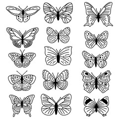 Fototapeta na wymiar Hand drawn doodle butterflies set. Vector sketch illustration, black outline art collection of insect for web design, icon, print, coloring page