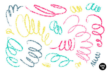 Wavy and swirled wax crayon strokes vector element set. Colorful freehand scribbles, abstract brushstrokes, smears, lines, squiggle pattern. Hand-drawn components collection. - 550651950