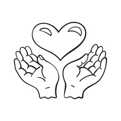 Isolated vector illustration of heart in hands. Cute thin line icon for design, cover etc.