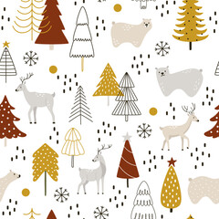 Deer and bears in a snowy forest with Christmas trees in hygge style. Vector seamless pattern with illustrations of cute animal characters for printing on fabric or wrapping. Print for New Year and