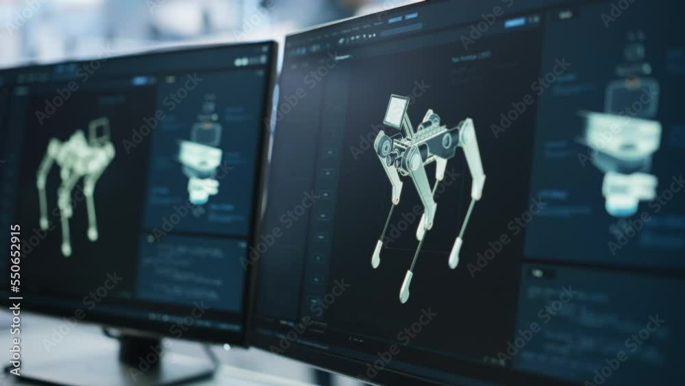 Aufkleber Close Up of a Computer Monitor Screen with 3D CAD Software with High Mobility Robot Dog Project. Interface with Vital Setting and Programming Code for the Industrial Robot Prototype.