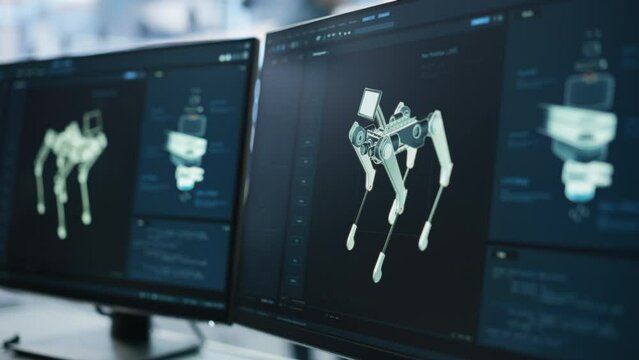 Close Up of a Computer Monitor Screen with 3D CAD Software with High Mobility Robot Dog Project. Interface with Vital Setting and Programming Code for the Industrial Robot Prototype.