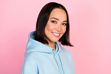 Fototapeta premium Photo of optimistic lady girlfriend enjoying after toothcare procedure nice stomatology positive feedback isolated on pink color background