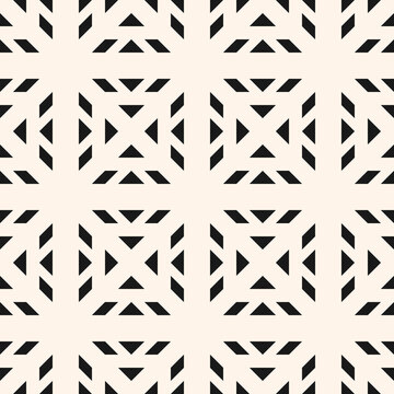 Vector geometric seamless pattern with tribal ethnic motifs. Folk ornament. Simple black and white abstract texture with grid, squares, arrows, triangles. Stylish monochrome background. Repeat design