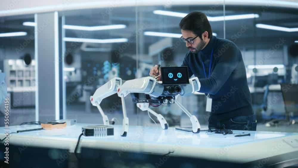 Poster Portrait of Hispanic Engineer Using a Screwdriver While Building and Developing a Robot Dog Concept. Multiethnic Specialist Working in High Tech Research Laboratory with Modern Equipment.