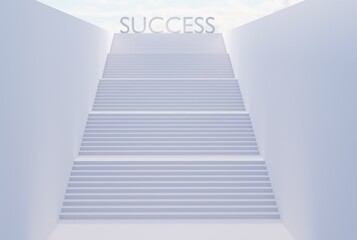 Stairs with the word SUCCESS on top. The concept of achieving success after climbing, business and finance, social issues. 3D render, 3D illustration.