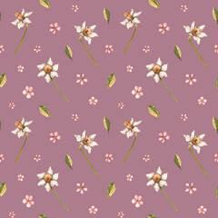 Fototapeta premium Seamless pattern with watercolor narcissus flowers, cherry blossoms and leaves. Hand drawn illustration. Floral ornament is perfect for fabric textile, wallpaper print, background