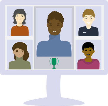 Business or education video conference. Online communication of multi-ethnic team Front view illustration