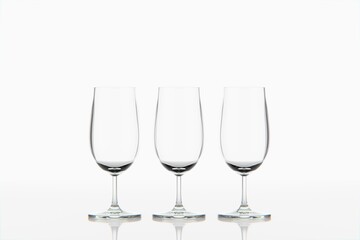Glasses on a white isolated background. The concept of drinking wine, drinks in glasses. Using the correct drinking glasses. 3D render, 3D illustration.