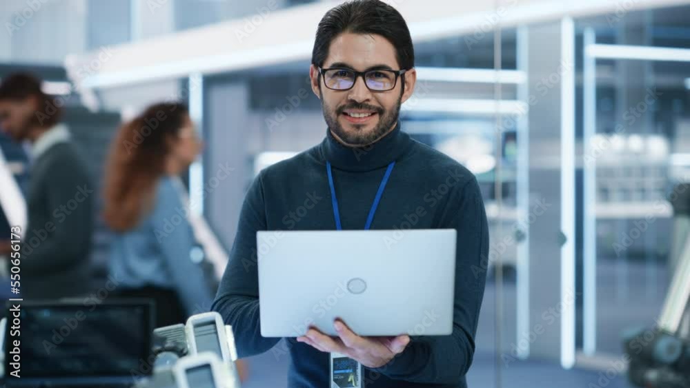 Poster handsome hispanic man wearing glasses smiling and looking at camera. young intelligent multiethnic m