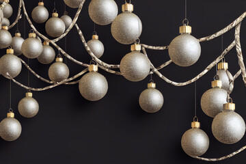 Fototapeta na wymiar Christmas decorations, white balls hanging. New Year holiday and decorations. Black background