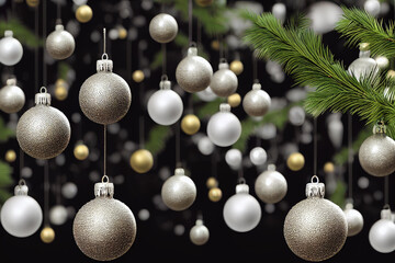 Realistic white balls. Ornaments, garland, Christmas balls hanging. Black background