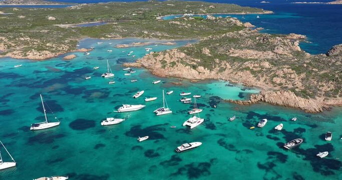 Aerial view of islands and tourists boats in the La Maddalena Archipelago in Costa Smeralda, Sardinia, Italy.